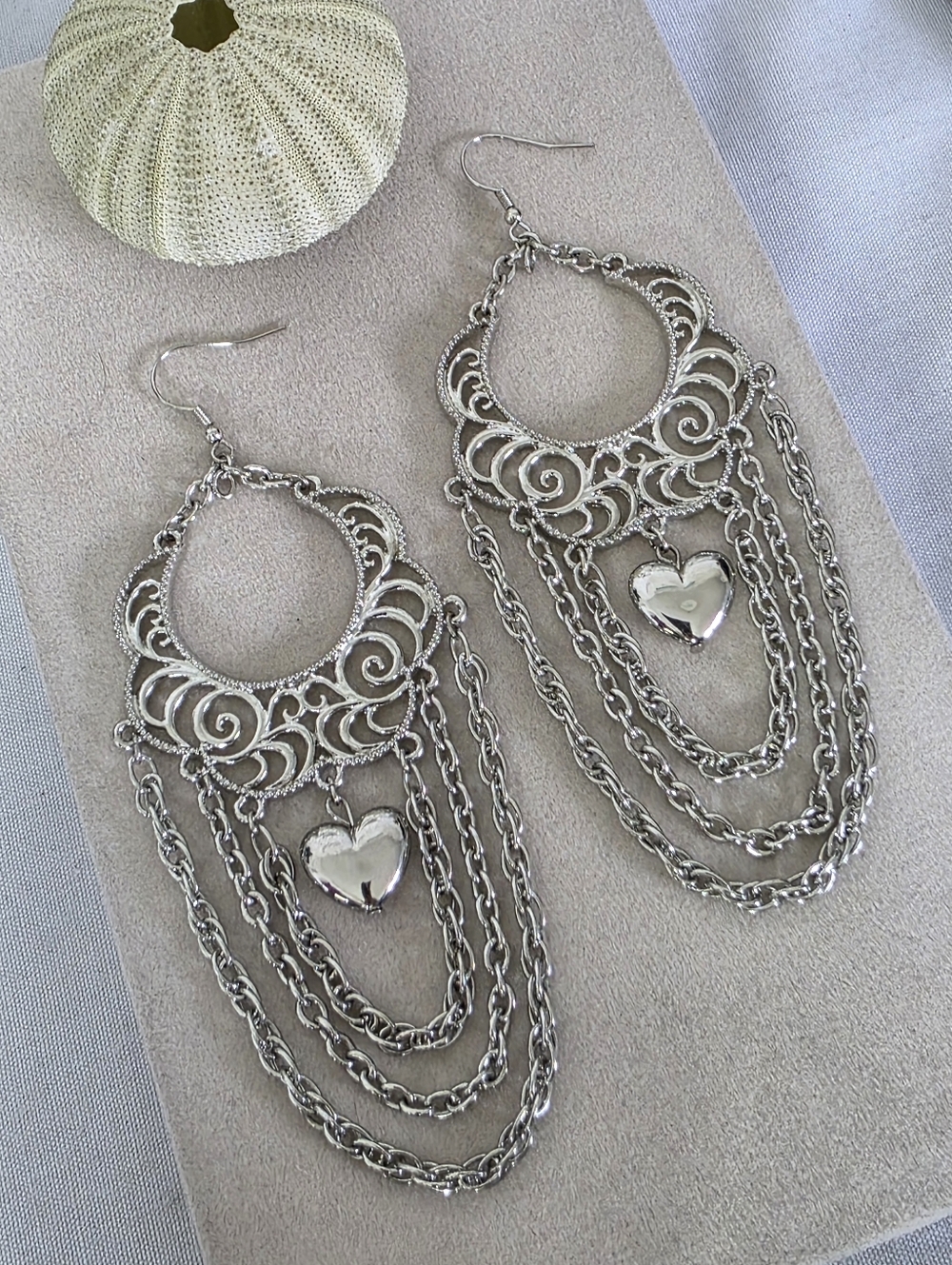 Boho Silver Heart Chandelier Earrings ✨ Oversized Statement Dangles